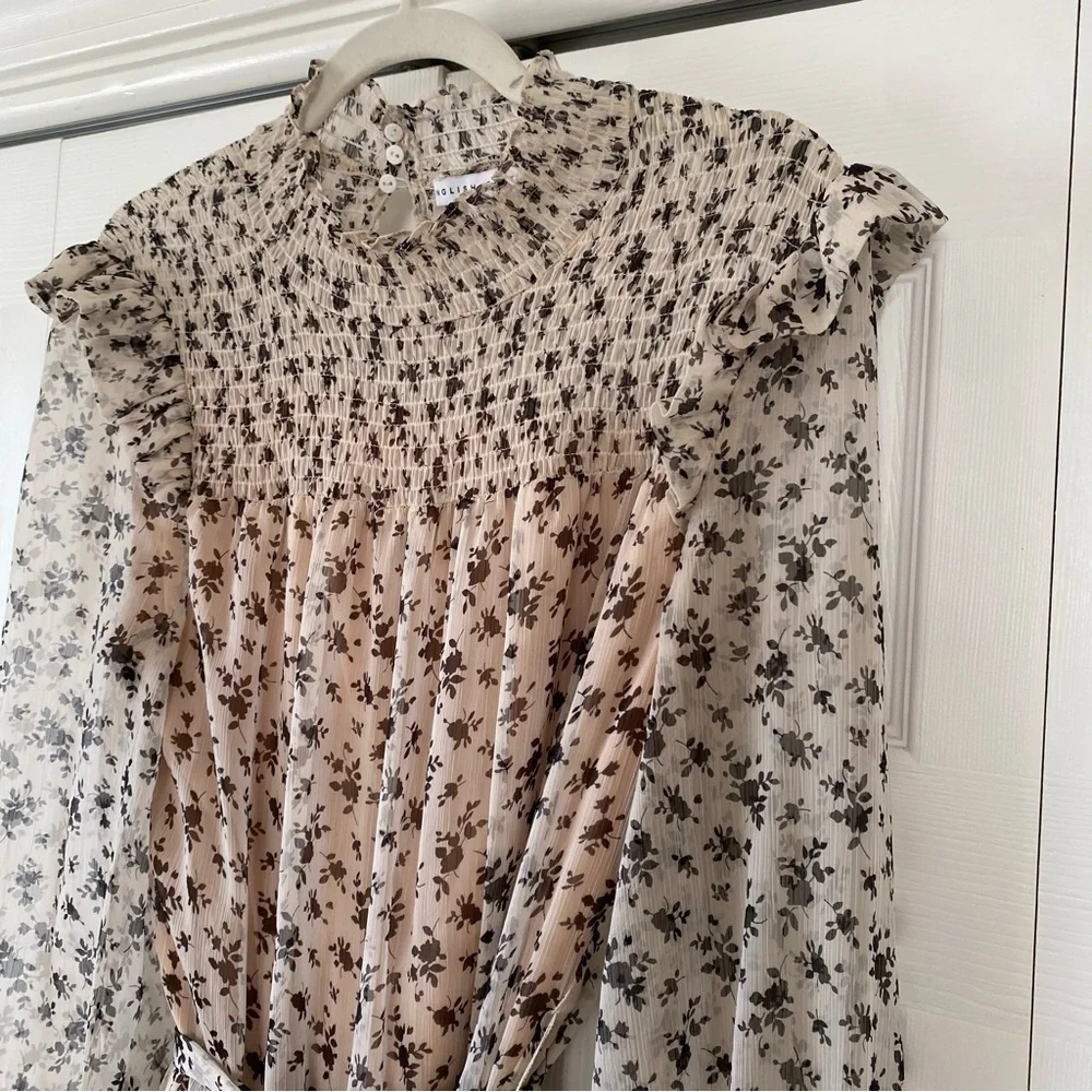 English Factory | Brown Floral Smocked High‑Neck Midi Prairie Cottagecore Dress